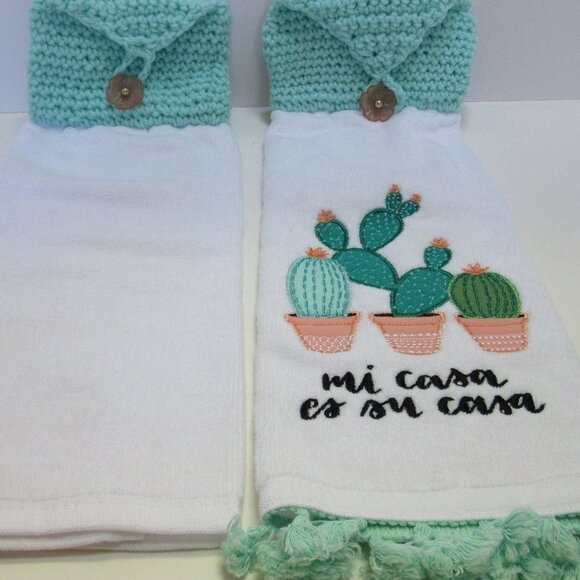 Set of 2 Hanging Kitchen Towels Button Top White Cotton Mi Casa es Su Casa NWT - Picture 3 of 8